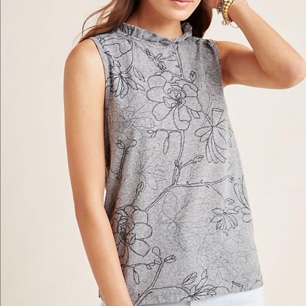 Anthropologie Floral Top with Ruffle Neck